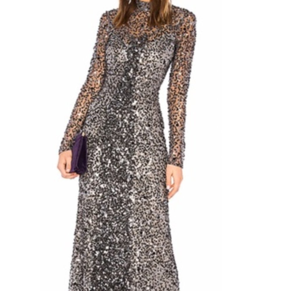 Brand New Parker Black Long Sleeve Embroidered Gown Leandra - Size 8 - No Tags